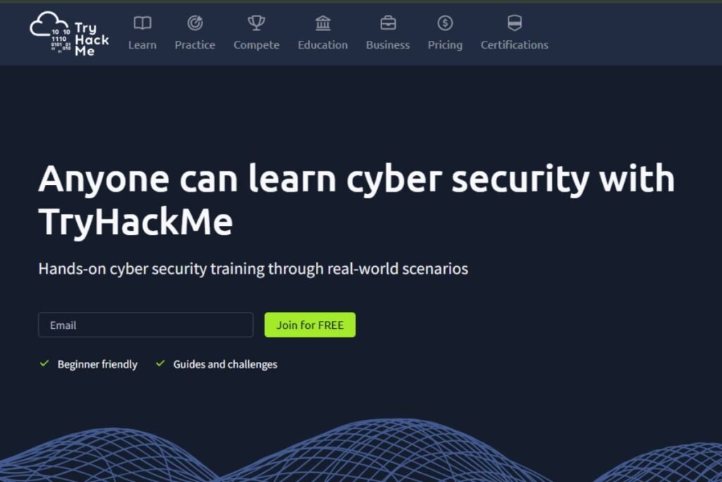 Try Hack Me Cybersecurity learning platform website interface