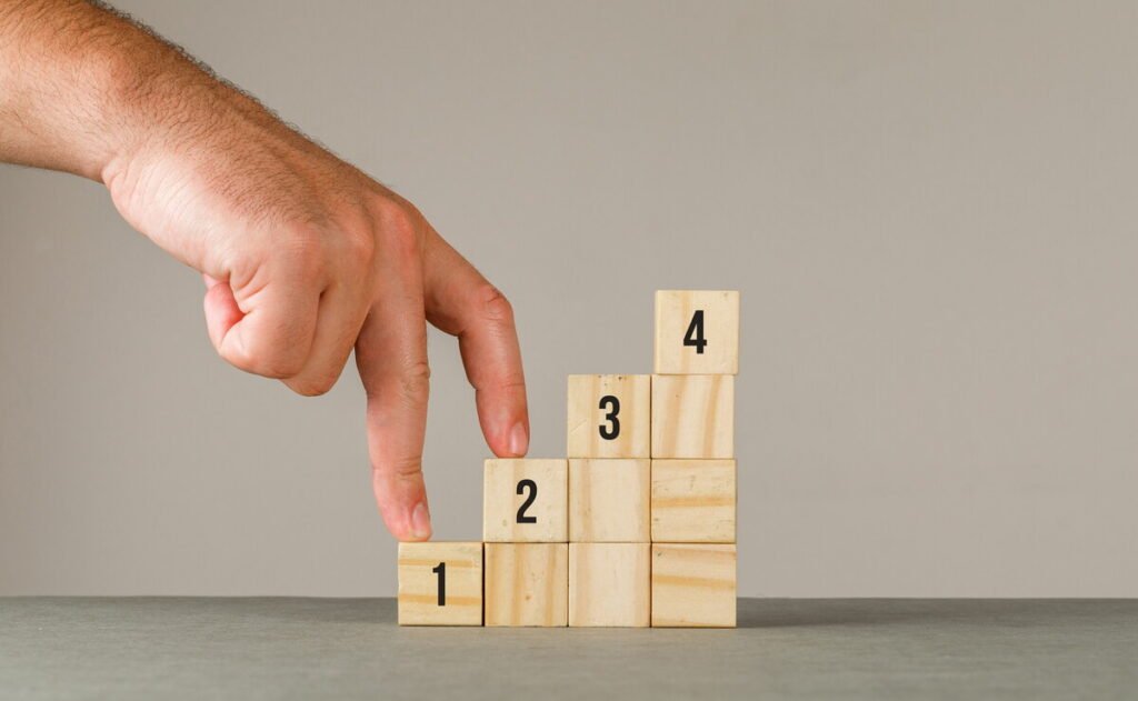 step by step process representation using two fingures climbing in the ladder