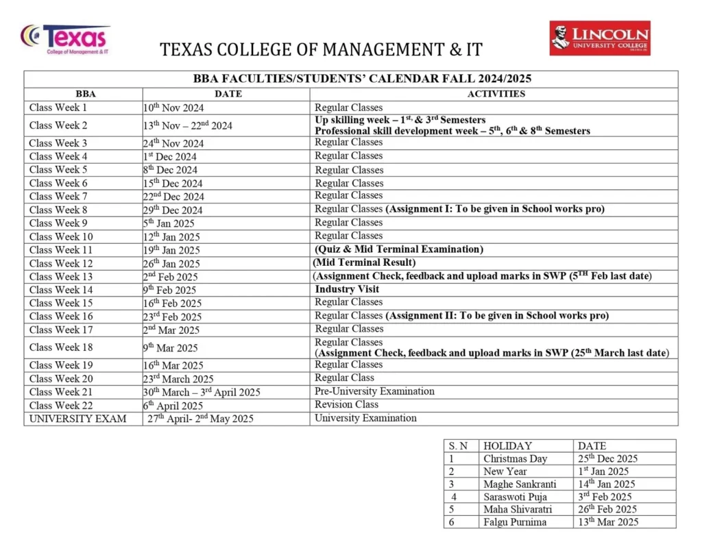 BBA academic calendar for Fall 2024/25 at Texas College of Management and IT