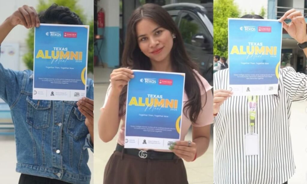 a college girl showing alumni meet 2026 registration banner staying in betwwen of two other guys showing the banner hiding their face